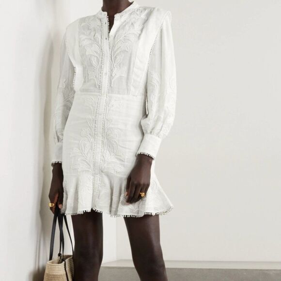 VERONICA BEARD Analeah Dress Embroidered Minidress Puff Sleeves Tassel Pom Pom - Picture 16 of 16